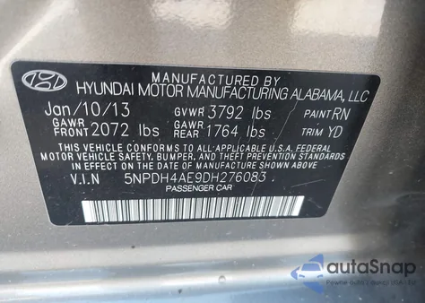 2013 Hyundai Elantra Gls/Limited from USA, damaged, VIN 5NPDH4AE9DH276083